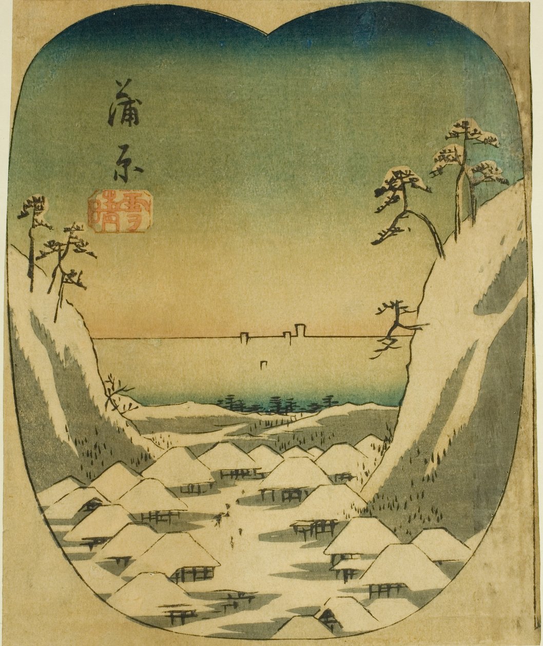 Kanbara, szelvény sz. 4 az "Ötvenhárom állomás kivágásai (Gojusan tsugi harimaze)" sorozatból alkotó: Utagawa Hiroshige