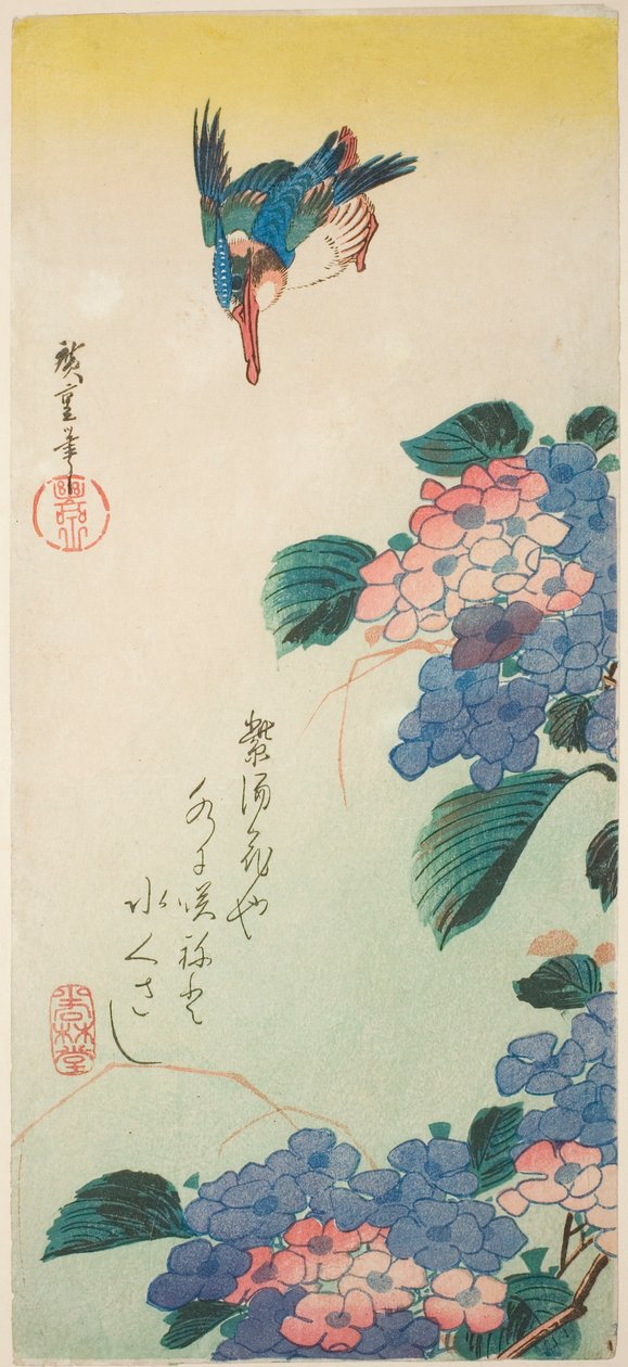 Jégmadár és hortenzia alkotó: Utagawa Hiroshige