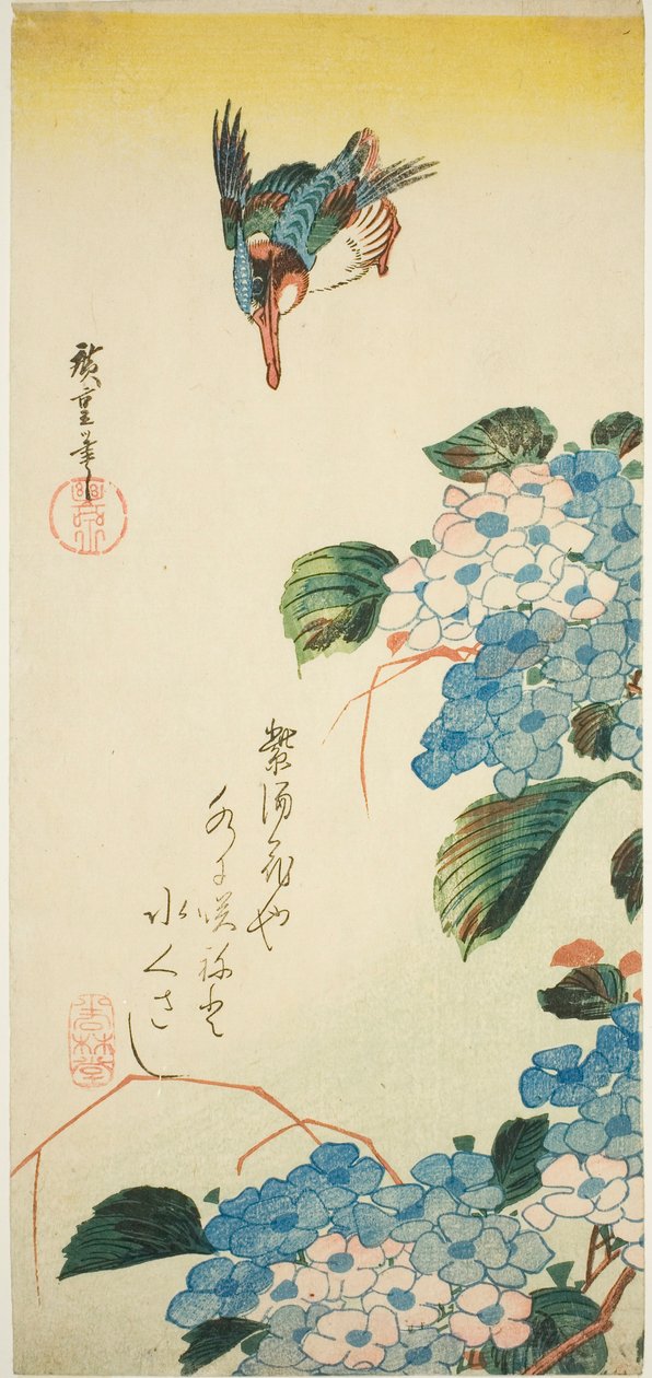 Jégmadár és hortenzia alkotó: Utagawa Hiroshige