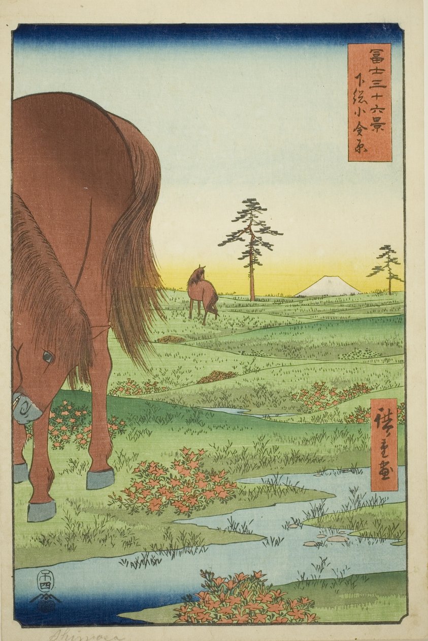 Az Ogane P kiváló tagja Gesasa P Rovinse (Shimosa Koganehara), a Te sorozatból: "Ti rty Mr. x Vie ws Of mo t Fuji (Fuji Usaju Rokukatsu)" alkotó: Utagawa Hiroshige