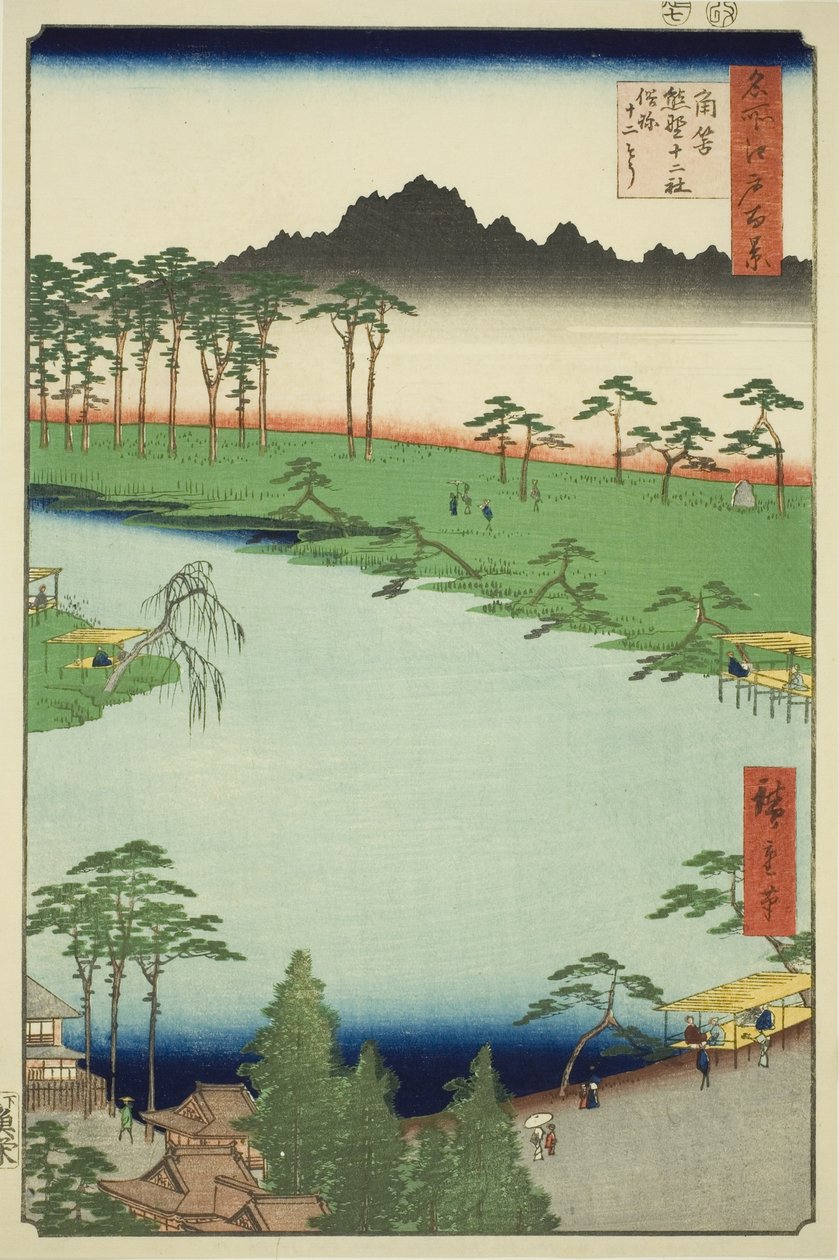 Kumano Junisha szentély Tsunohazuban, közismert nevén Juniso (Tsunohazu Kumano Junisha, zokusho Juniso), a „Edo száz híres képe (Meisho Edo hyakkei)” sorozatból. alkotó: Utagawa Hiroshige