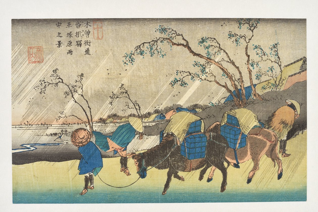 Kutsukake: Eső a Hiratsuka-síkság felett, a „Kisokaidó 69 állomása” sorozatból alkotó: Utagawa Hiroshige