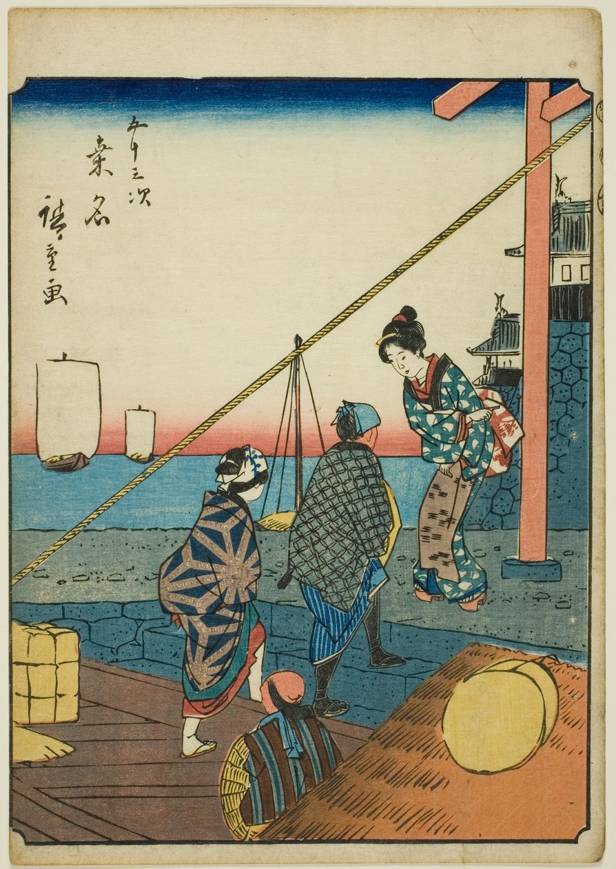 Kuwana, a te sorozatból: „Ötvenhárom S tachi hangzás a városiasságból” (Goshuyama a következő) alkotó: Utagawa Hiroshige