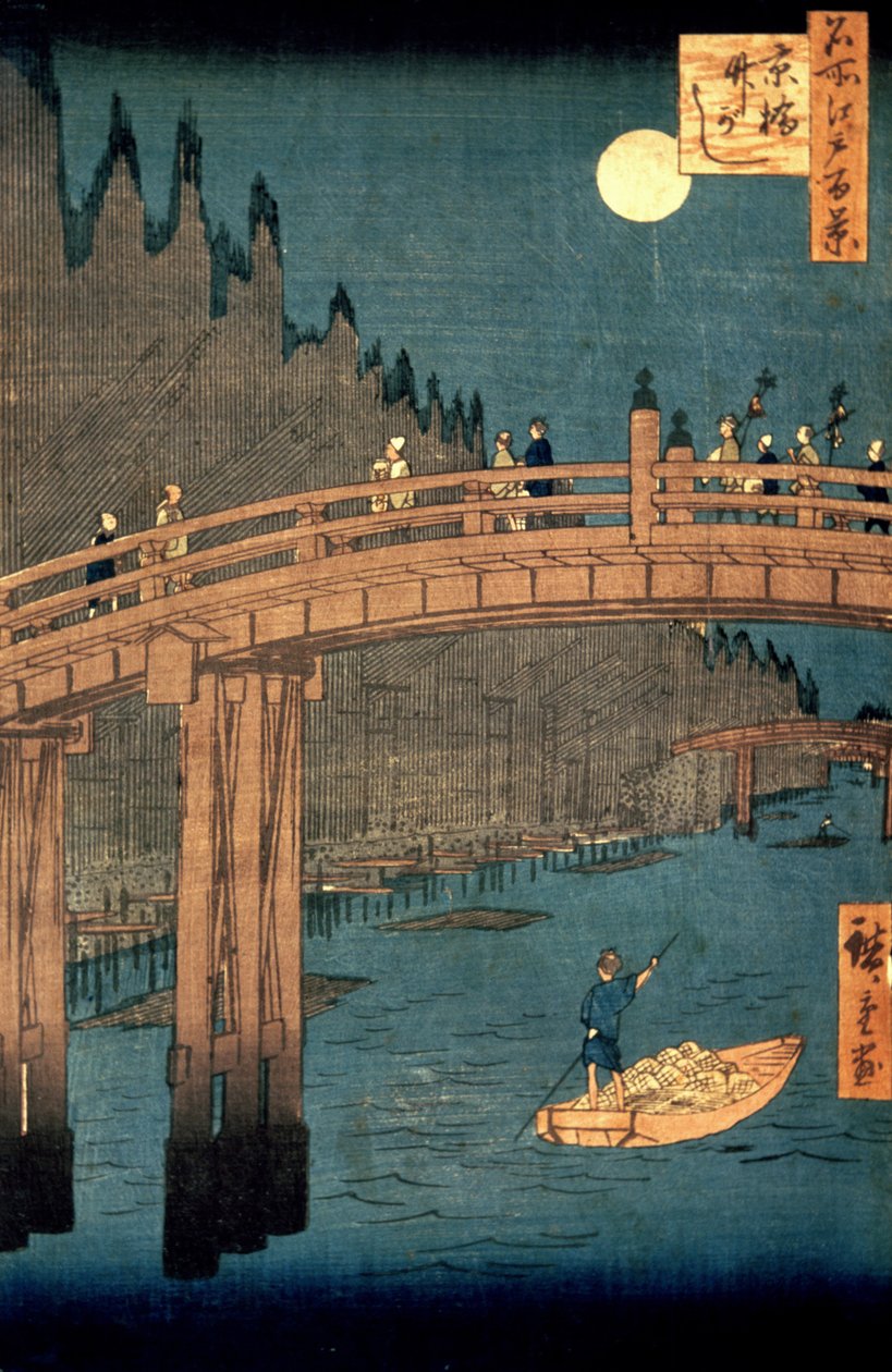 Kiotói híd holdfényben, a „100 kilátás az Edo híres helyére” sorozatból, kocsma. 1855, (színes fatömbnyomat) alkotó: Utagawa Hiroshige