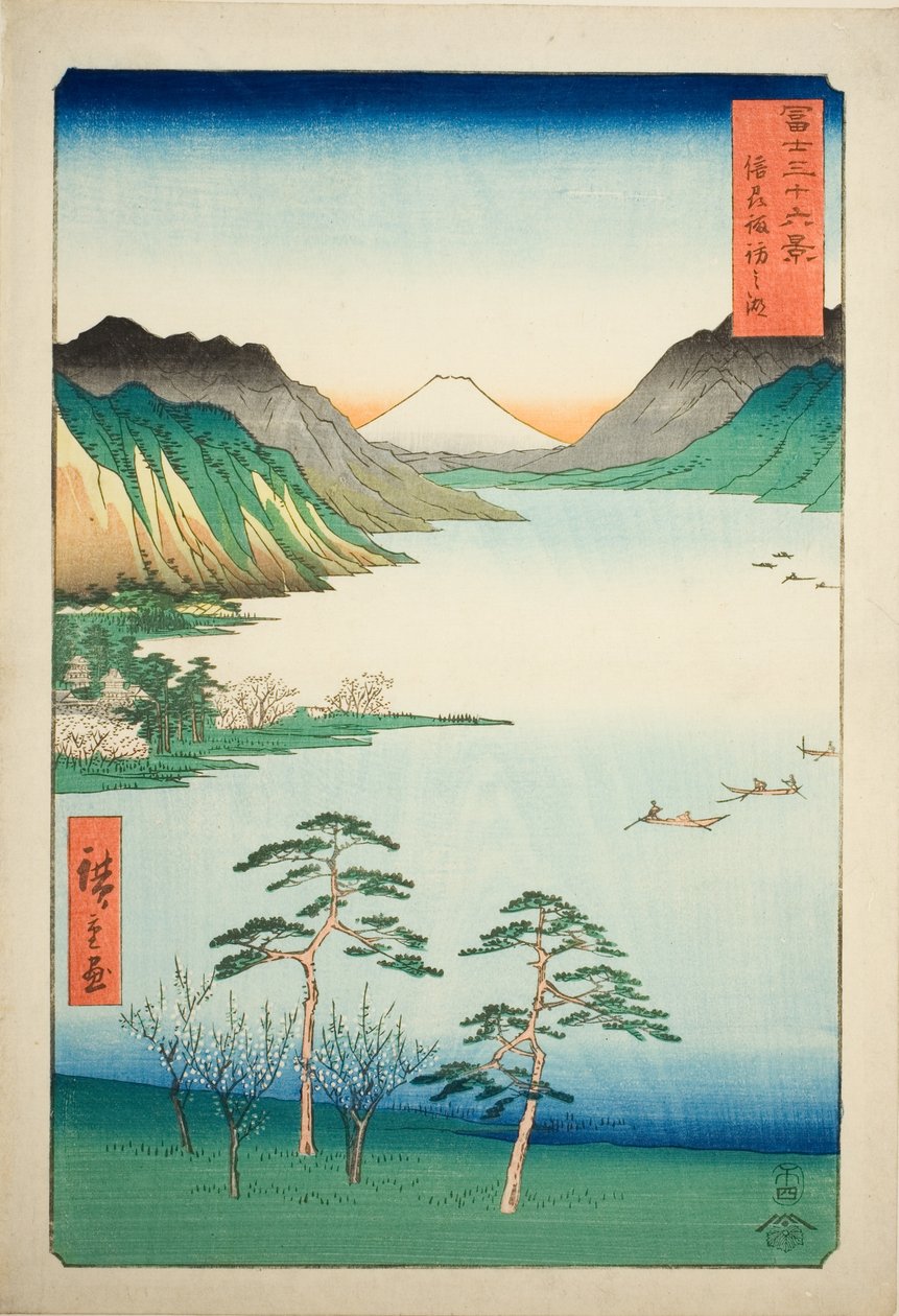 Shinano Shinano P Lovinse (New Species Suwa Lake), a te sorozatból: "Tierty Mr. x Views Of Mount Fuji (Fuji Usa Kotobuki Rokukatsu)" alkotó: Utagawa Hiroshige