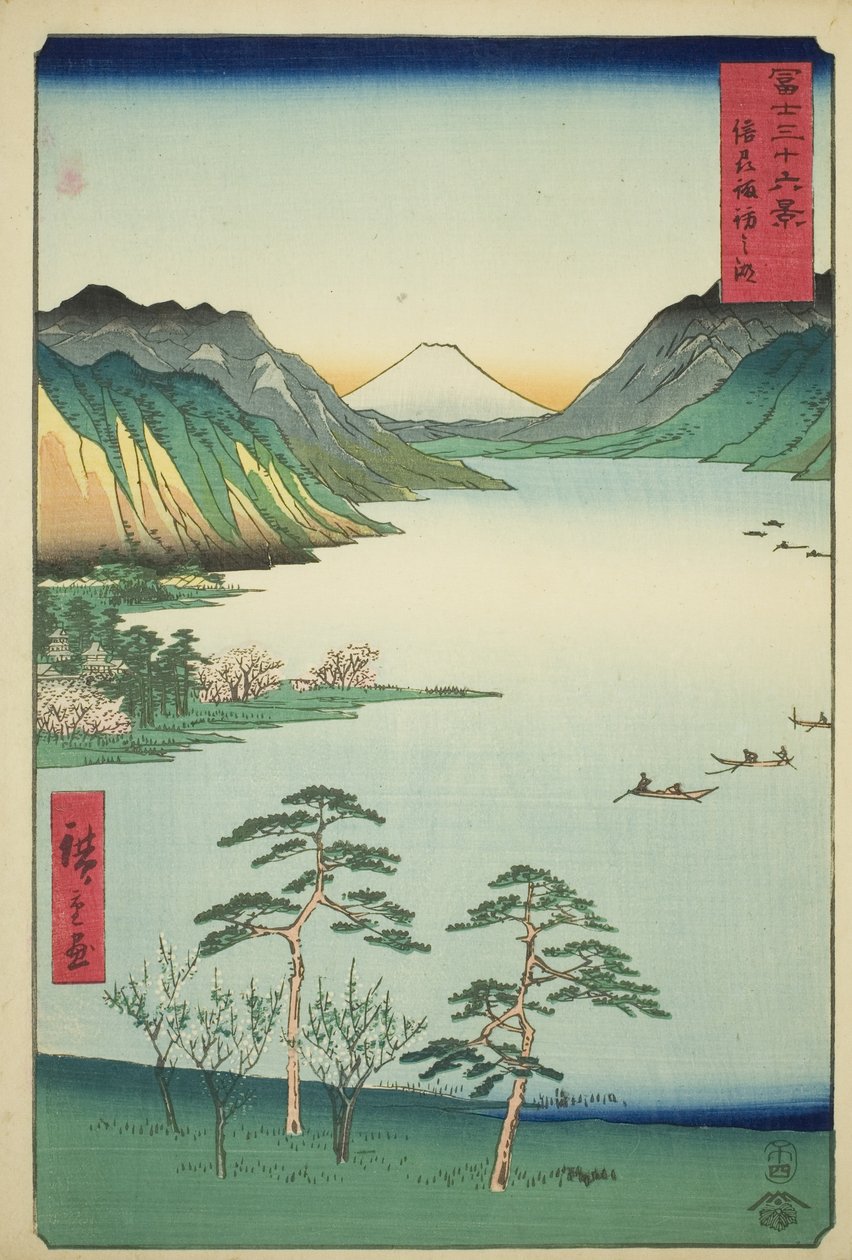 Shinano Shinano P Lovinse (New Species Suwa Lake), a te sorozatból: "Tierty Mr. x Views Of Mount Fuji (Fuji Usa Kotobuki Rokukatsu)" alkotó: Utagawa Hiroshige