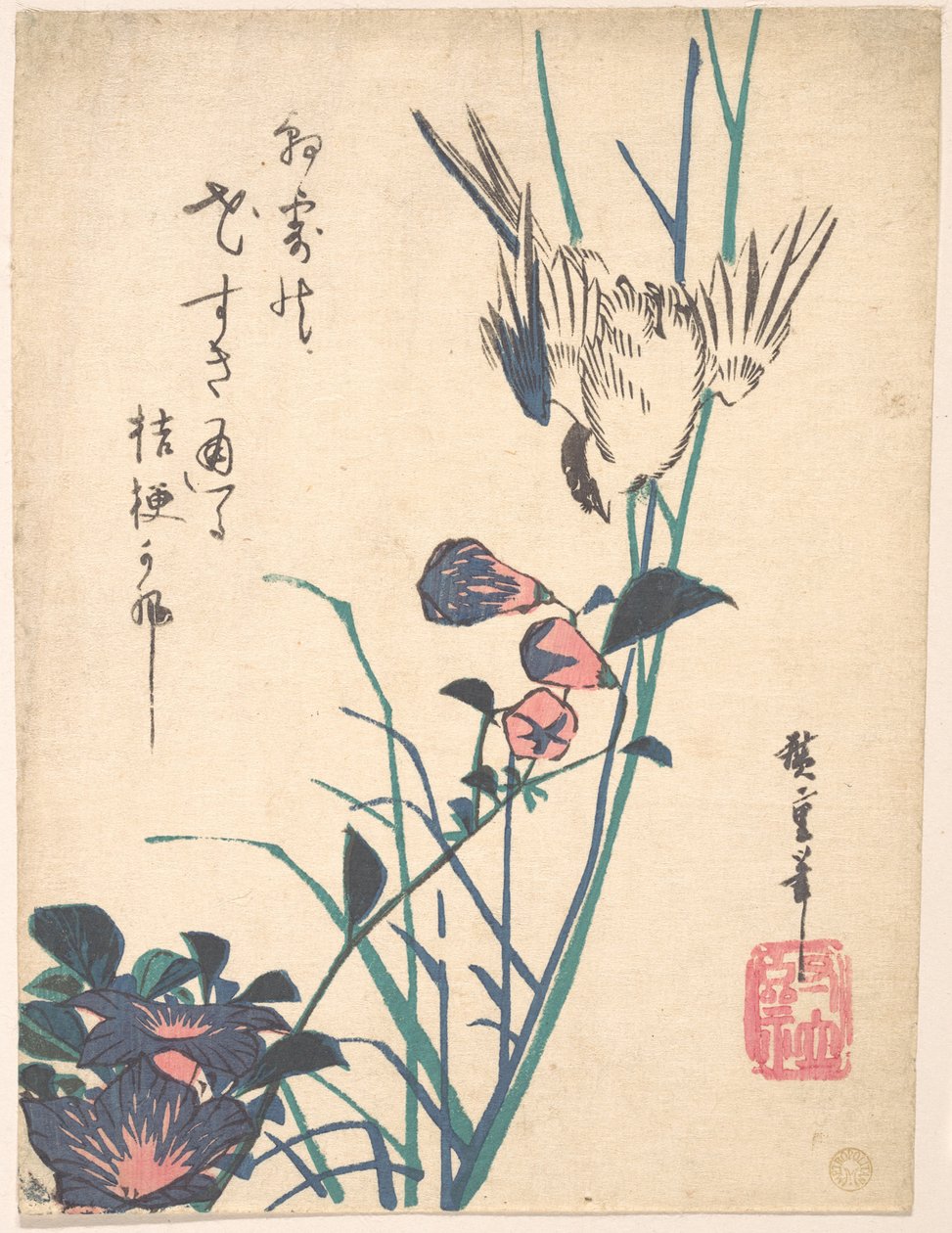 Nagyvirágú laposcsőrű légykapó és veréb alkotó: Utagawa Hiroshige