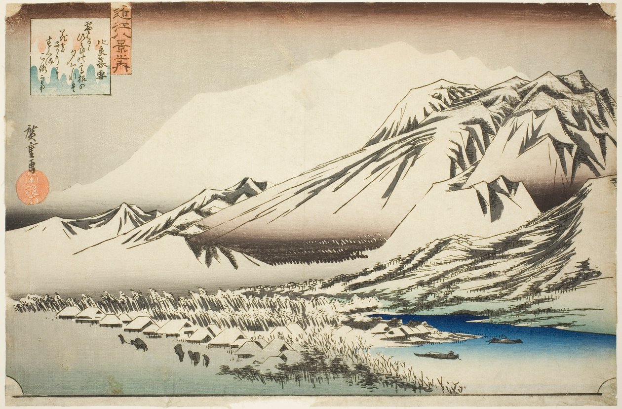 Lingering Snow on Mount Hira (Hira no bosetsu), a "Nyolc nézet Omi tartományra (Omi hakkei no uchi)" sorozatból alkotó: Utagawa Hiroshige