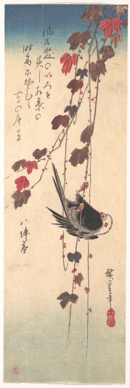 Hosszúfarkú cinege az őszi borostyánon alkotó: Utagawa Hiroshige