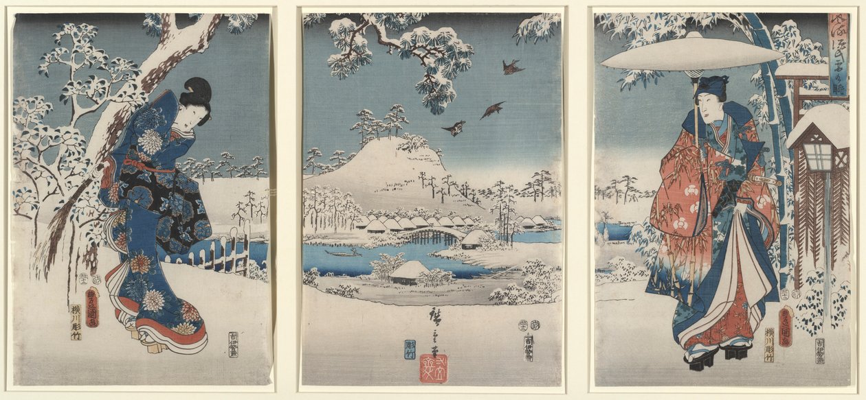 Szerelmesek a téli tájon alkotó: Utagawa Hiroshige