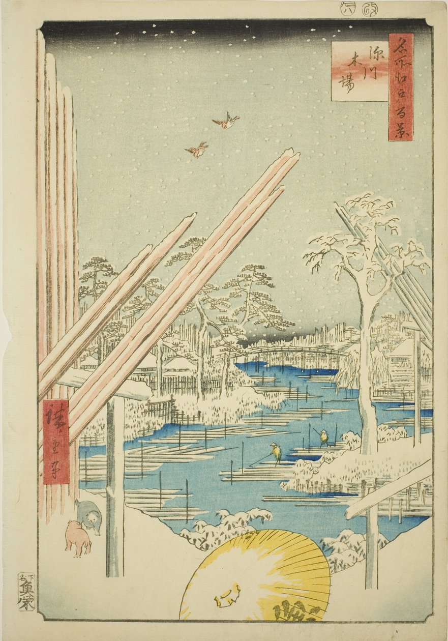 Um Bella rds at Fukagawa (Fukagawa Fukagawa), a te sorozatból: „A Ridge d re d fa net kilátása Edora (Edo száz híres képe)” alkotó: Utagawa Hiroshige
