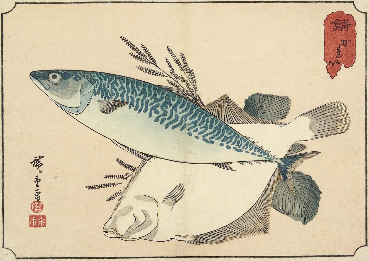 Makréla és laposhal, 19. század eleje alkotó: Utagawa Hiroshige