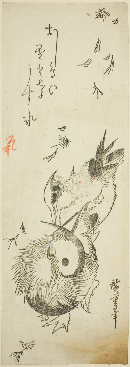 Mandarin kacsák átkelnek a jeges tavon a hulló levelek között alkotó: Utagawa Hiroshige