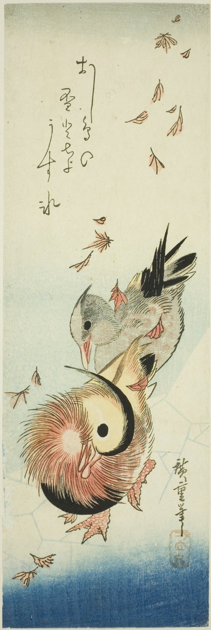 Mandarin kacsák átkelnek a jeges tavon a hulló levelek között alkotó: Utagawa Hiroshige