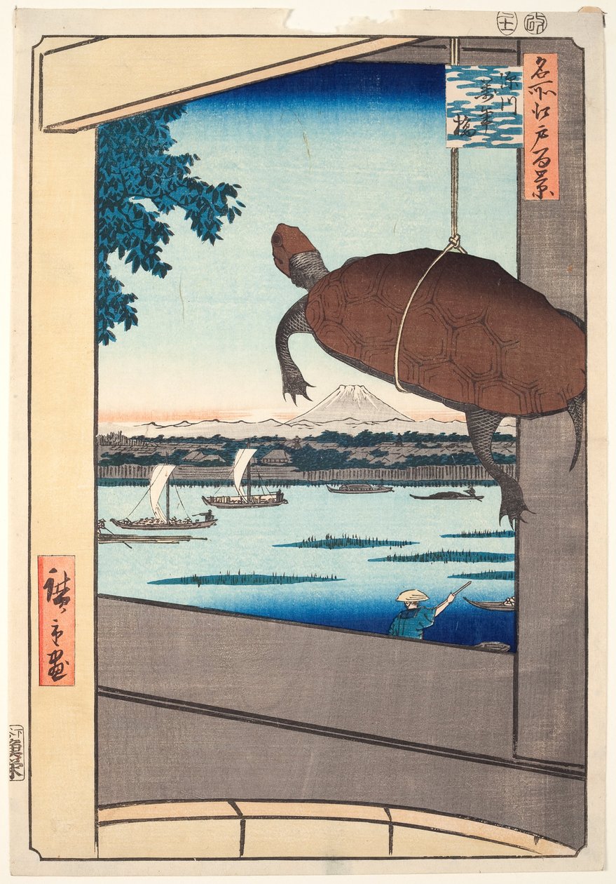 Mannen-híd, Fukagawa, a "Száz híres edói látkép" sorozatból. alkotó: Utagawa Hiroshige