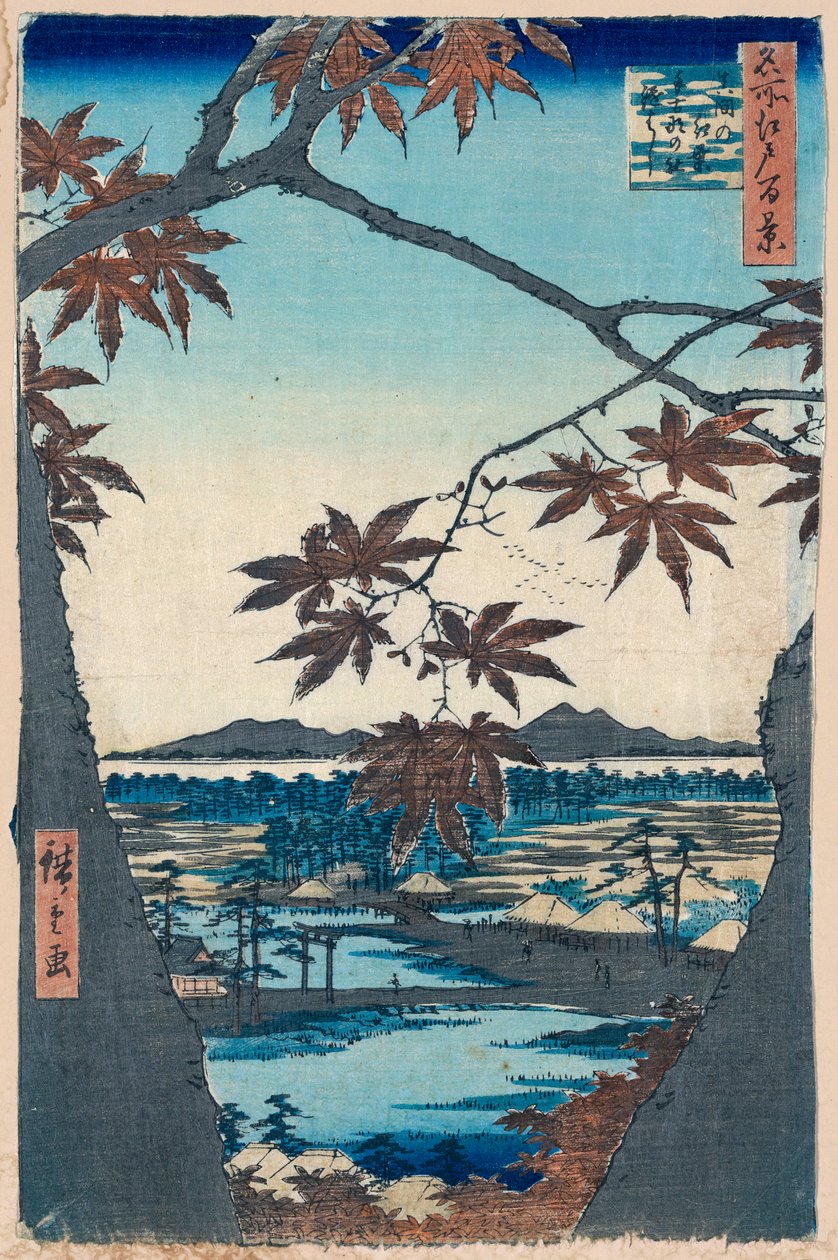 Juharlevelek és a Tekona szentély és híd Mamánál, 1856-1858. alkotó: Utagawa Hiroshige