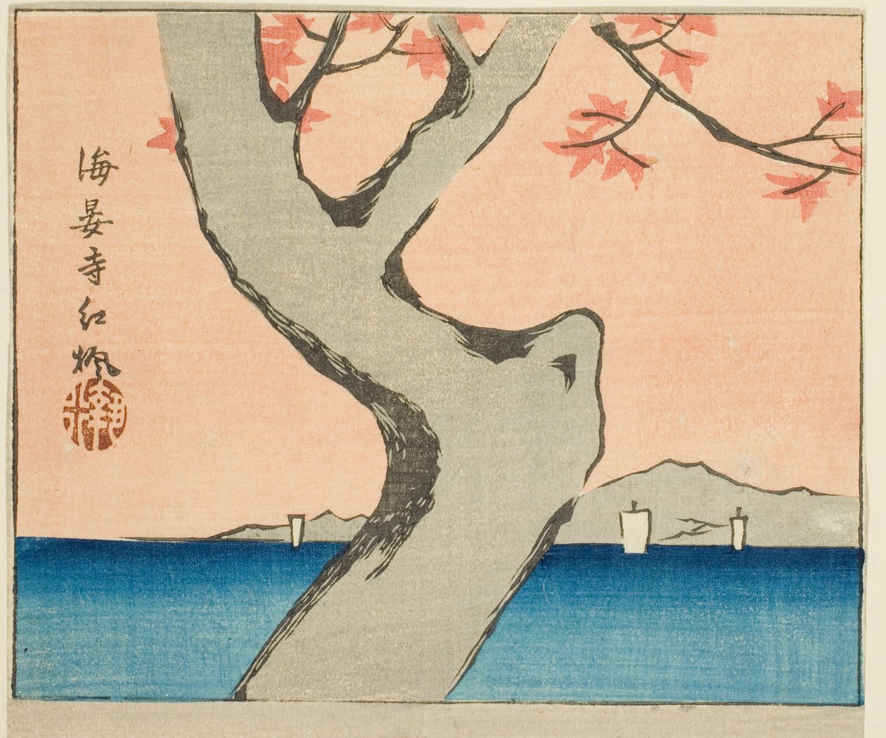 Juharlevelek a Kaian templomban (Kaianji benikaede), a „Képek kivágása Edo híres helyeiről (Edo meisho harimaze zue)” sorozat lapjának egy része. alkotó: Utagawa Hiroshige