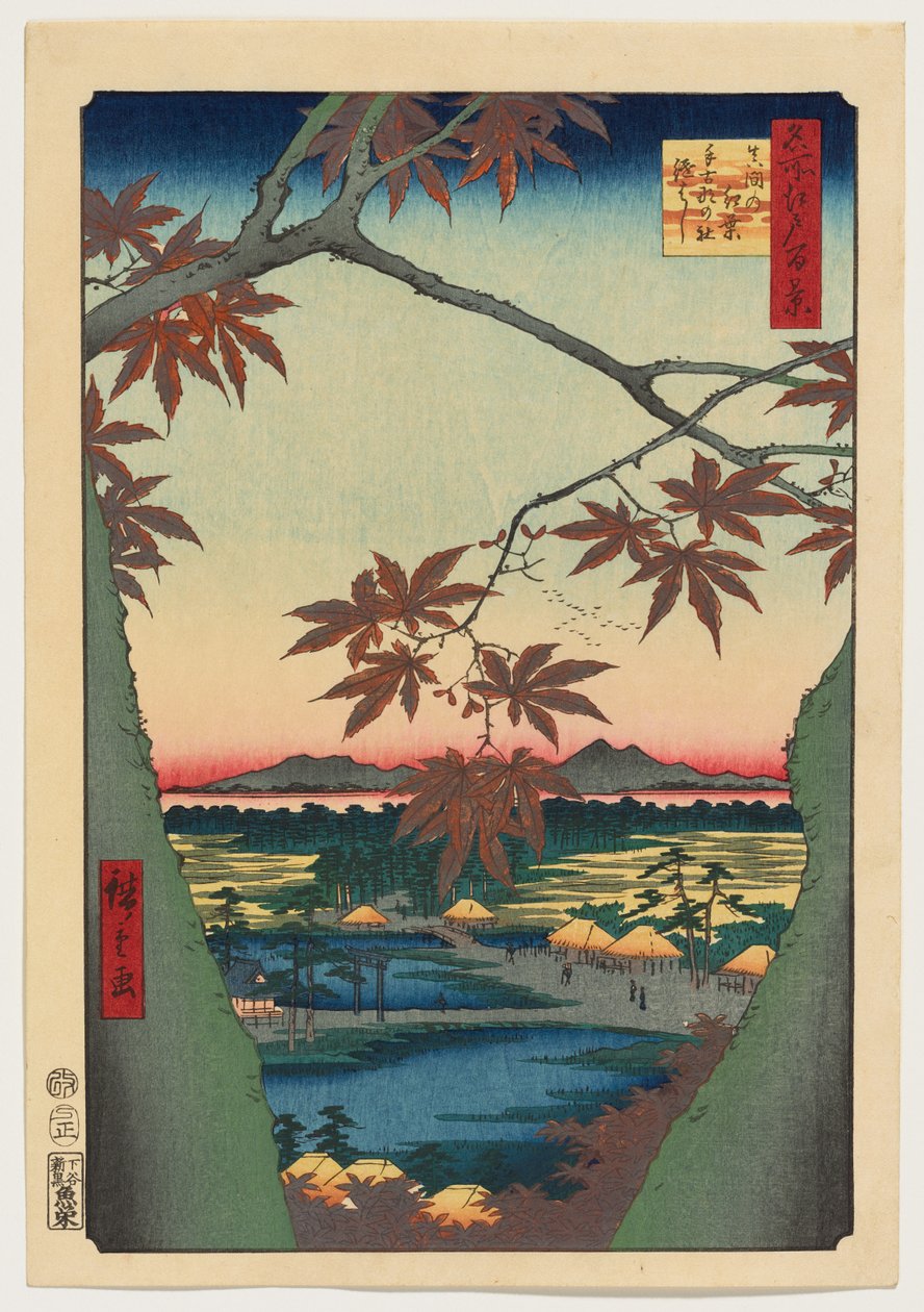 Juharfák Mamánál, a Tekona-szentély és az összekötött híd alkotó: Utagawa Hiroshige