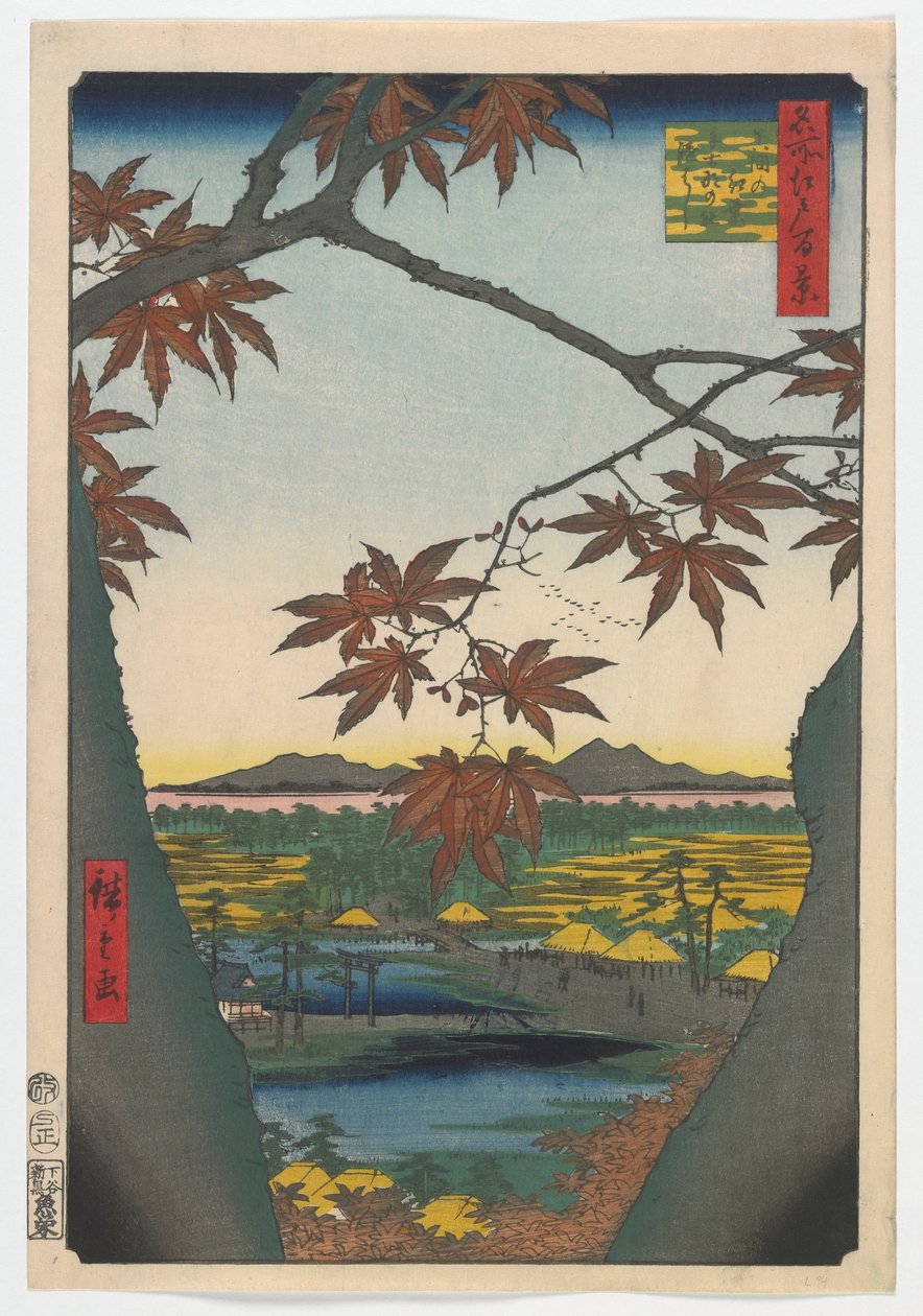 Maple Trees at Mama, Tekona Shrine and Linked Bridge, Edo-korszak, 1857 (színes fatömbnyomat) alkotó: Utagawa Hiroshige