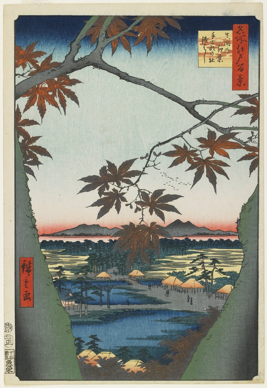 Juharfák Mamánál, kilátással a Tekona szentélyre és a hídra, 1857. január alkotó: Utagawa Hiroshige