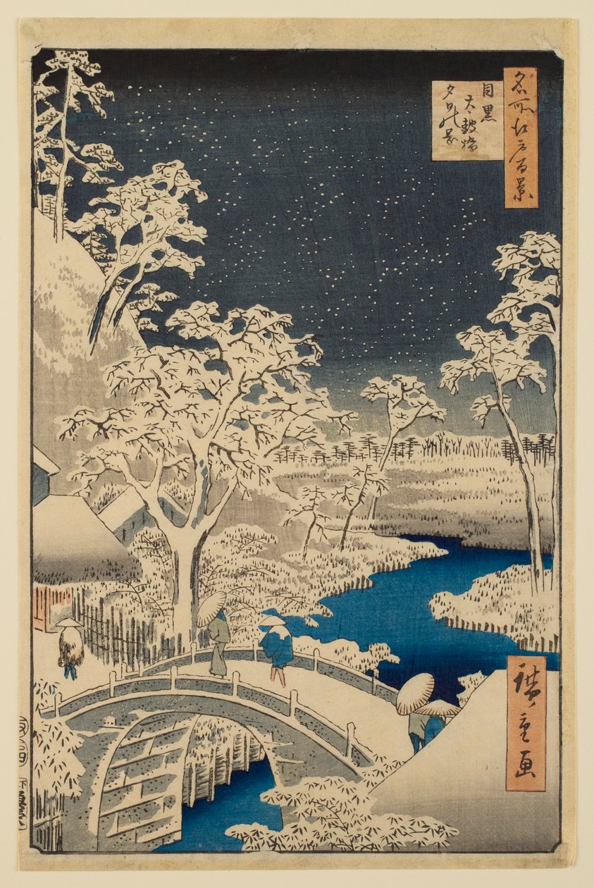 A megurói dob hídja és a Napnyugta-domb, az „Edo száz híres látképe” sorozatból alkotó: Utagawa Hiroshige