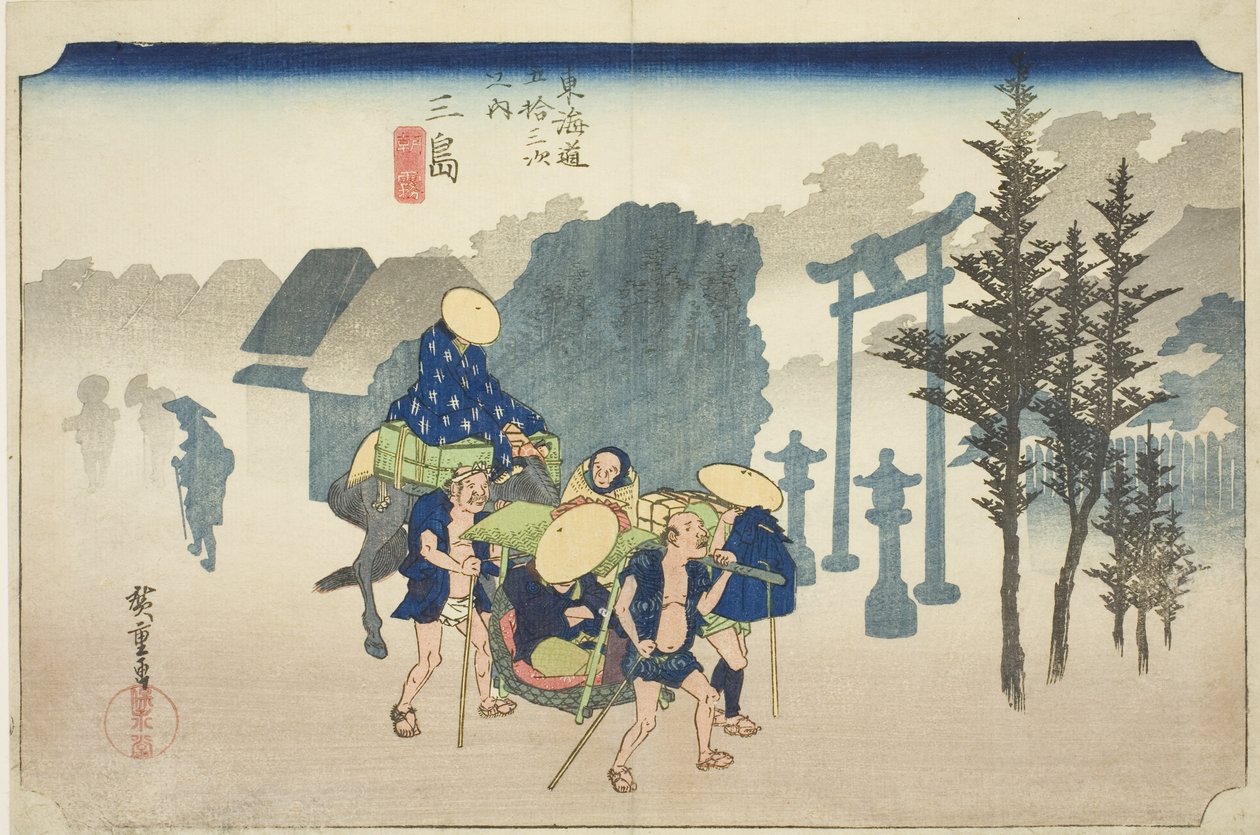 Mishima: Reggeli köd (Mishima, asagiri), a "Tokaido út ötvenhárom állomása (Tokaido gojusan tsugi no uchi)" sorozatból, más néven Hoeido Tokaido alkotó: Utagawa Hiroshige