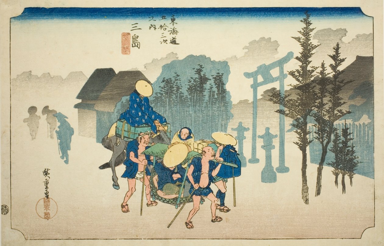 Mishima: Reggeli köd (Mishima, asagiri), a "Tokaido út ötvenhárom állomása (Tokaido gojusan tsugi no uchi)" sorozatból, más néven Hoeido Tokaido alkotó: Utagawa Hiroshige