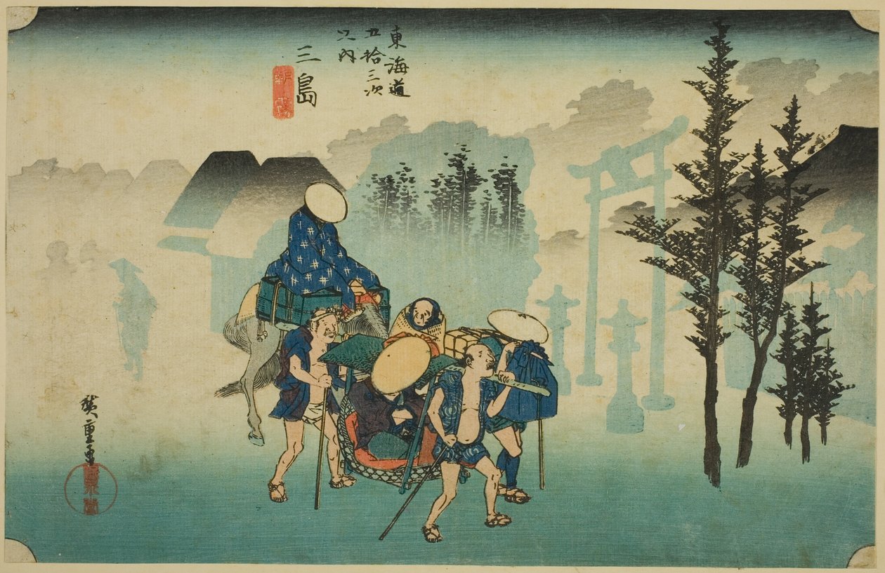 Mishima: Reggeli köd (Mishima, asagiri), a "Tokaido út ötvenhárom állomása (Tokaido gojusan tsugi no uchi)" sorozatból, más néven Hoeido Tokaido alkotó: Utagawa Hiroshige