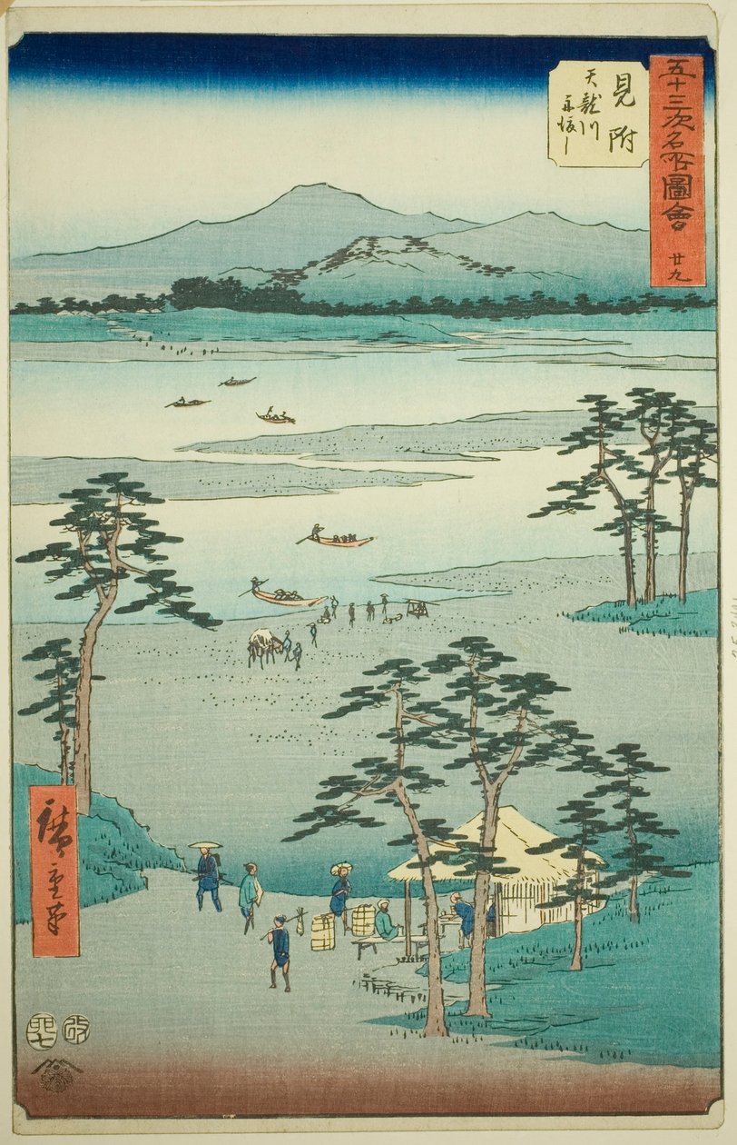 Mitsuke: Komp a Tenryu folyón (Mitsuke, Tenryugawa funewatashi), 29. az "Ötvenhárom állomás híres látnivalói (Gojusan tsugi meisho zue)" sorozatból, más néven Függőleges Tokaido alkotó: Utagawa Hiroshige