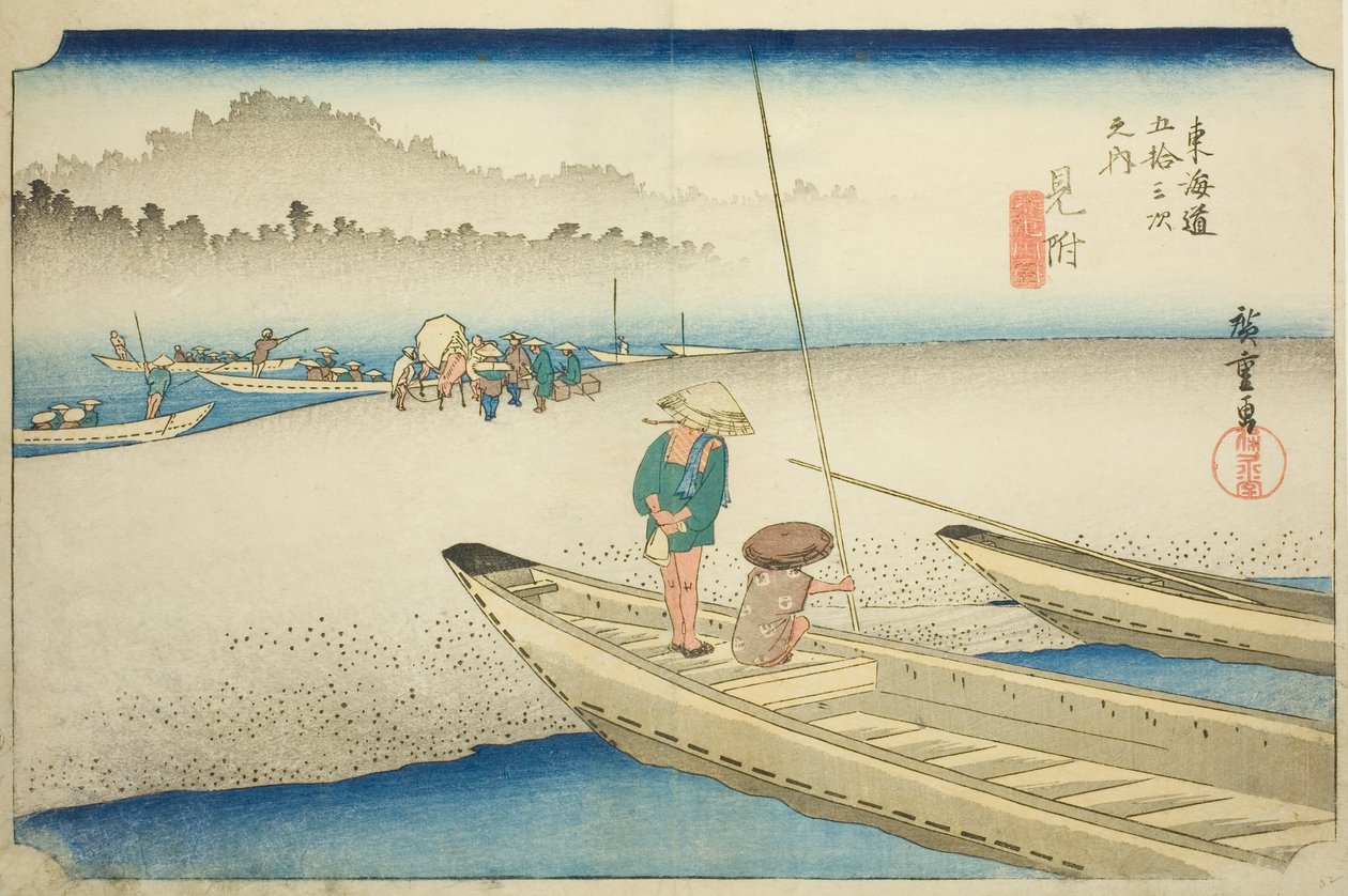 Mitsuke: Tenryu River View (Mitsuke, Tenryugawa zu), a "Tokaido ötvenhárom állomása (Tokaido gojusan tsugi no uchi)" sorozatból, más néven Hoeido Tokaido alkotó: Utagawa Hiroshige