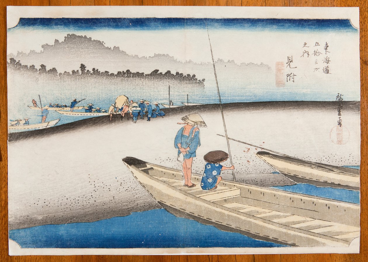 Mitsuke a Tenryu-gawa folyó partján a reggeli ködben / Mitsuke, Tenryu-gawa zu, a „A Tokaido út ötvenhárom állomása” sorozat 29. táblája / Tokaido Gojusan tsugi-no uchi alkotó: Utagawa Hiroshige