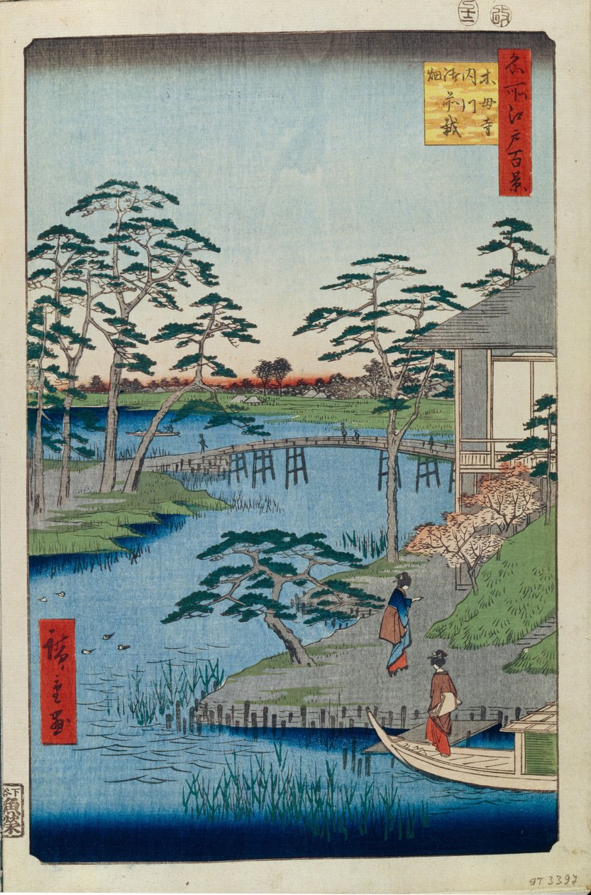 Mokuboji templom és zöldségmezők az Uchigawa Inlet partján. Száz híres kilátás Edoról, 1856-1858 alkotó: Utagawa Hiroshige