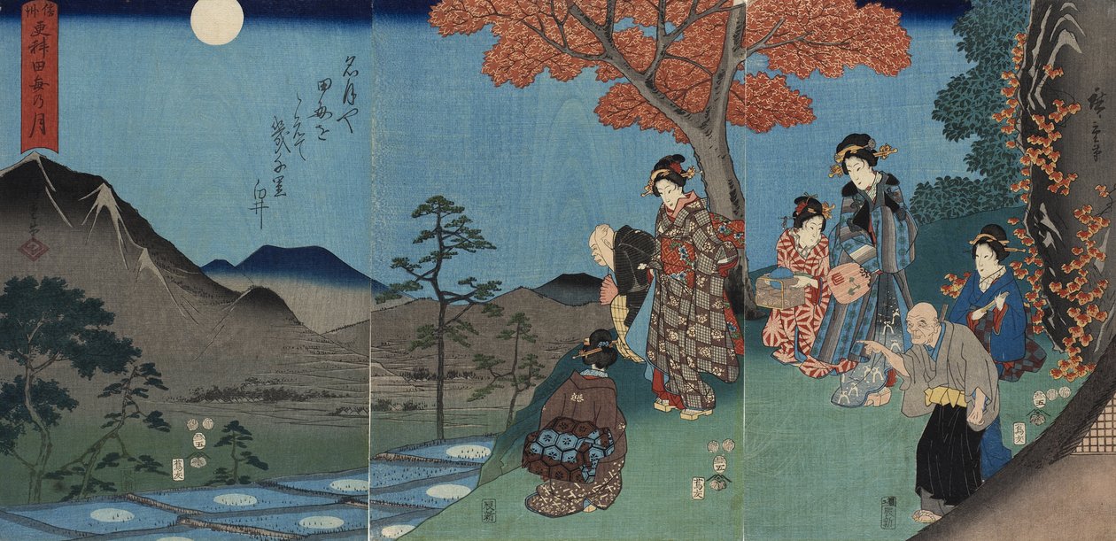 A hold tükörképe a Sarashina rizsföldjein, Shinano tartományban alkotó: Utagawa Hiroshige
