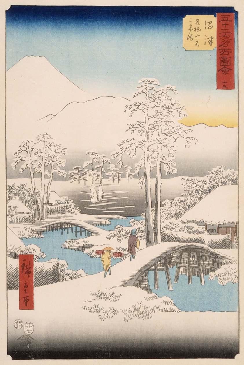 A Fuji-hegy és az Ashigara-hegy Numazuból, tiszta időben, havazás után alkotó: Utagawa Hiroshige