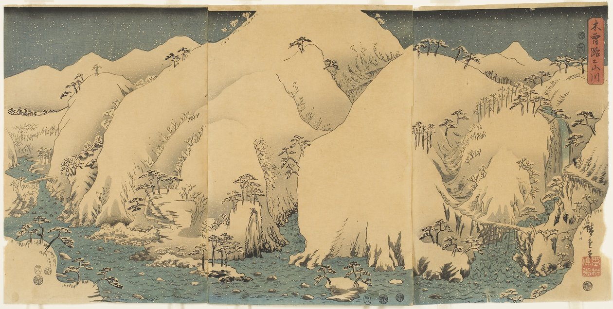 Hegy és folyó a Kiso-hágónál, 1857. augusztus alkotó: Utagawa Hiroshige