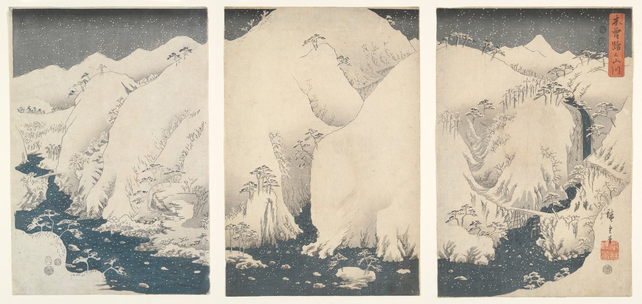 Hegyek és folyók a Kiso Highway mentén hó alatt alkotó: Utagawa Hiroshige
