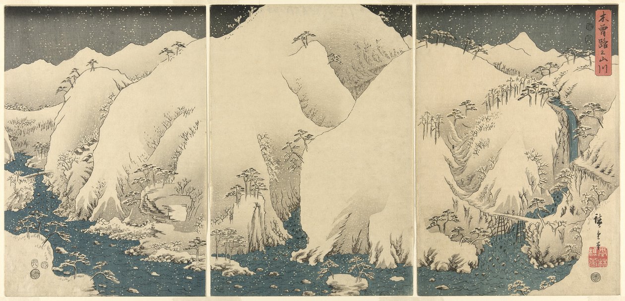 Hegyek és folyók a Kiso úton (Kisoji no yamakawa), a triptichonok cím nélküli sorozatából alkotó: Utagawa Hiroshige