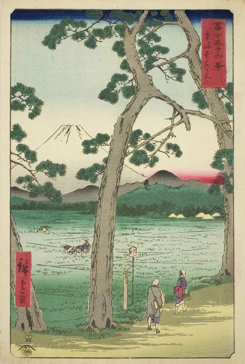 Mout Fuji balról nézve a Tokaidón (Tokaido hidari Fuji), a "Harminchat nézet a Fuji-hegyről (Fuji sanjurokkei)" sorozatból. alkotó: Utagawa Hiroshige