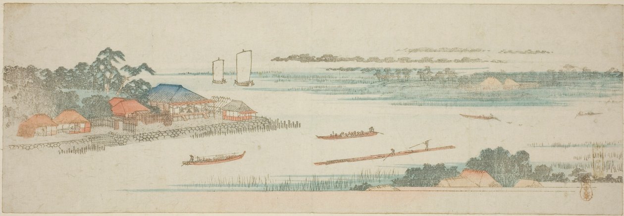 A Naka-folyó torkolata (Nakagawa guchi no zu), az Edo külvárosi híres kilátások cím nélküli sorozatából alkotó: Utagawa Hiroshige