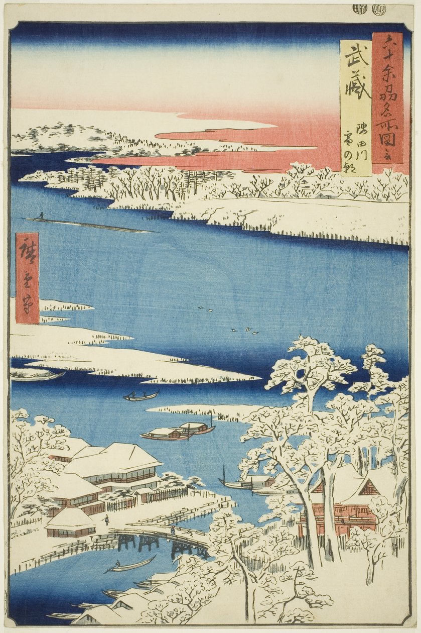 Musashi tartomány: Reggel hó után a Sumida folyón (Musashi, Sumidagawa yuki no ashita), a "Híres helyek a hatvanpár tartományban (Rokujuyoshu meisho zue)" sorozatból. alkotó: Utagawa Hiroshige