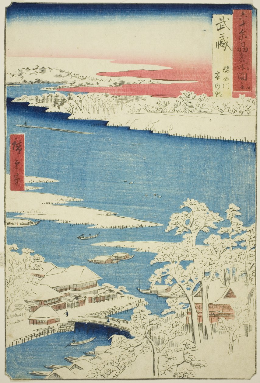 Musashi tartomány: Reggel hó után a Sumida folyón (Musashi, Sumidagawa yuki no ashita), a "Híres helyek a hatvanpár tartományban (Rokujuyoshu meisho zue)" sorozatból. alkotó: Utagawa Hiroshige