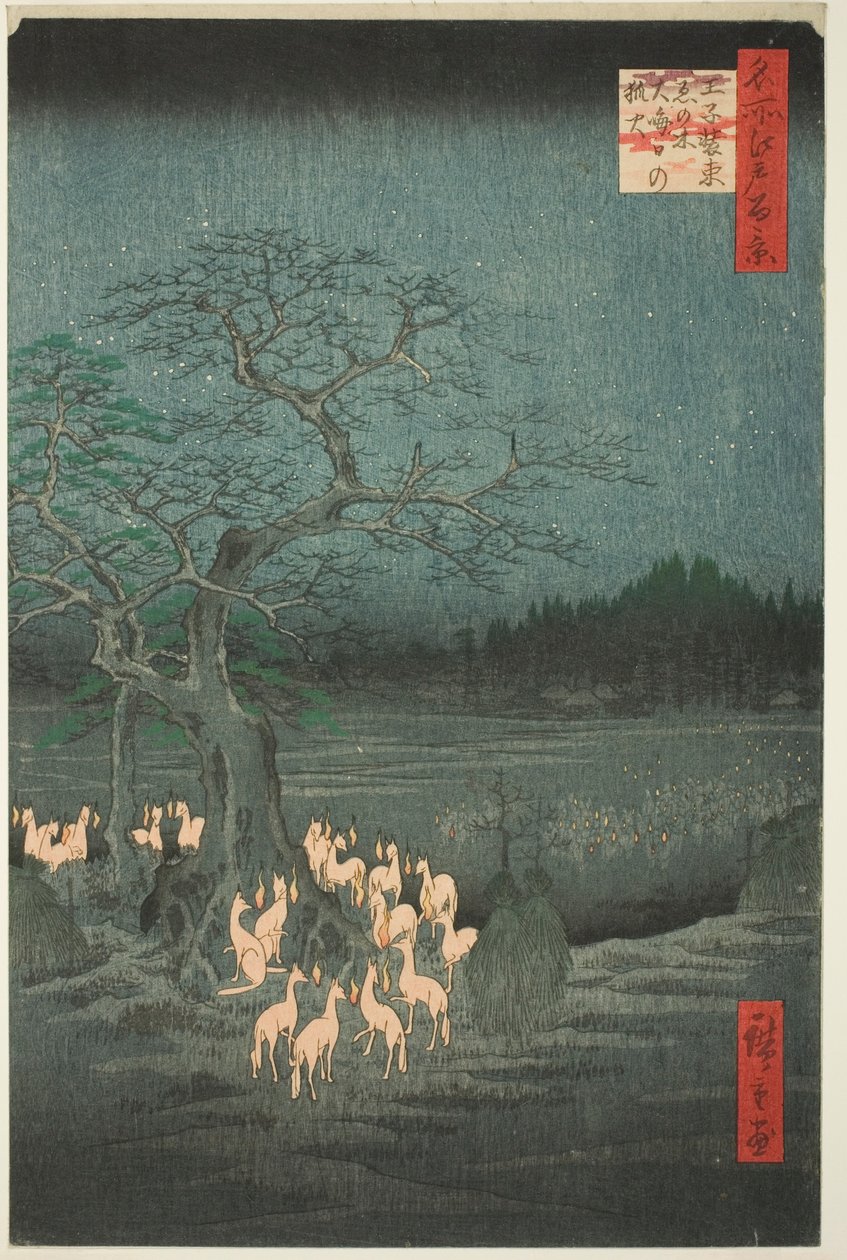 Szilveszter rókatüzek a változó fánál (Ōji shozoku enoki omisoka no kitsunebi), az Edo száz híres képe című sorozatból (Meisho Edo hyakkei) alkotó: Utagawa Hiroshige
