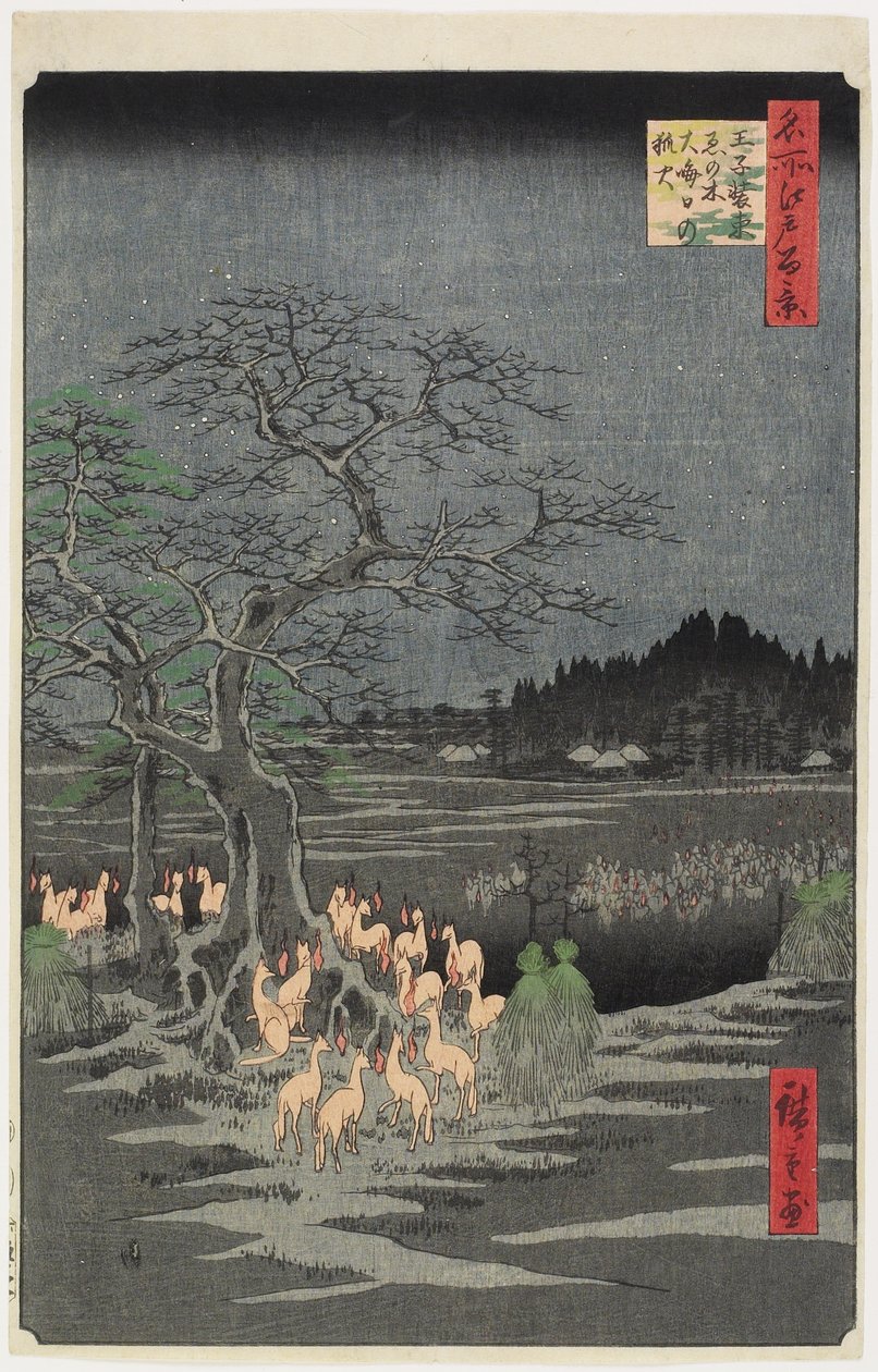 Szilveszteri rókatüzek a csalánfánál, O_ji, 1857. szeptember alkotó: Utagawa Hiroshige