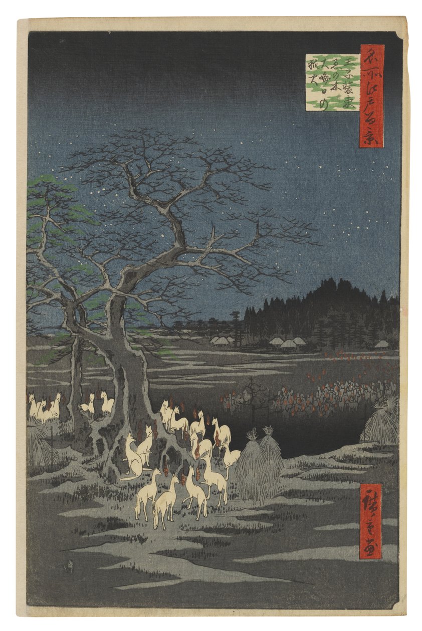 Rókatüzek szilveszterkor a Változó fánál, Ōji alkotó: Utagawa Hiroshige