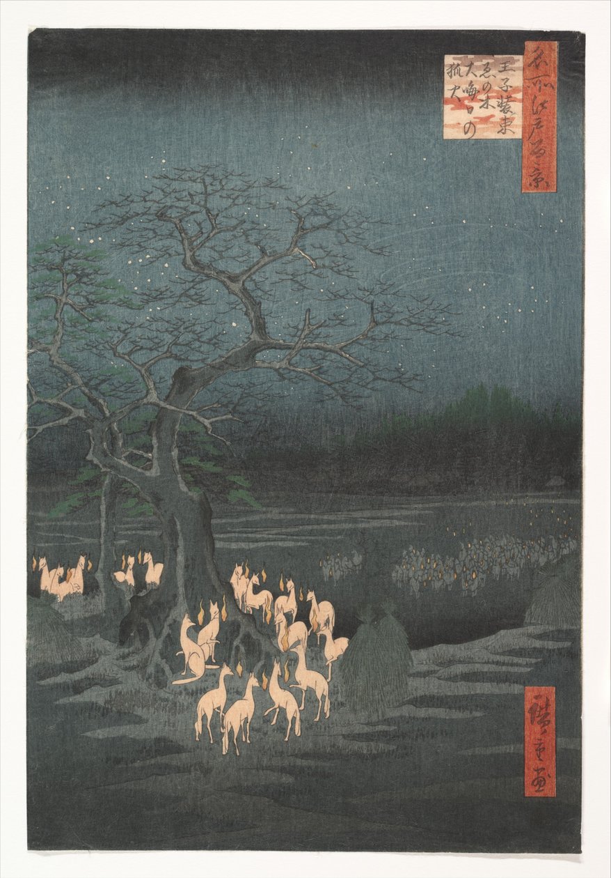 Rókatüzek szilveszterkor a változás fájánál, Ódzsi alkotó: Utagawa Hiroshige