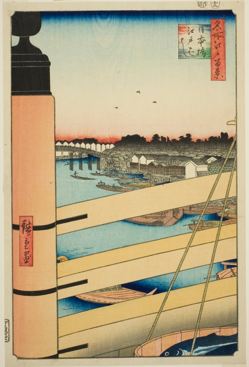 Japan B Ridge Plan d Edo B Ridge (Nihonbashi, Edobashi), a `` Ridge dre d fa net Views of Edo (Edo száz híres nézete) című sorozatból alkotó: Utagawa Hiroshige
