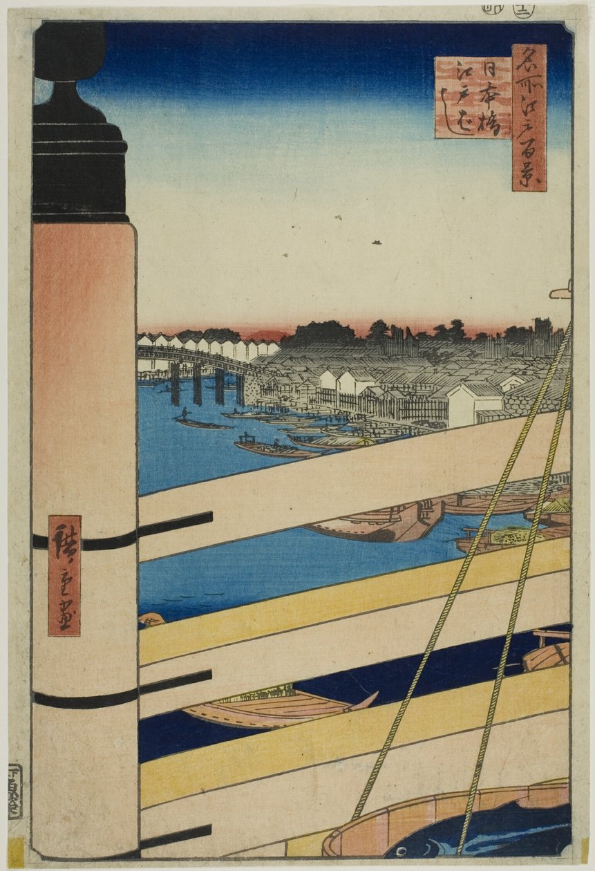 Nihon-híd és Edo-híd (Nihonbashi, Edobashi), a "Száz híres nézet Edóról (Meisho Edo hyakkei)" sorozatból. alkotó: Utagawa Hiroshige