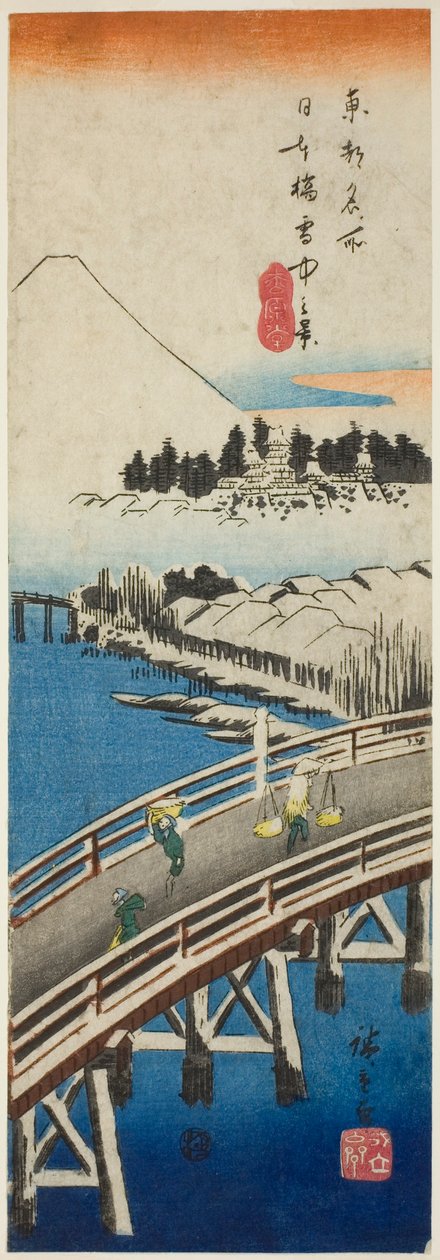 Nihon híd a hóban (Nihonbashi setchu no kei), a "Híres nézetek a keleti fővárosban (Toto meisho)" sorozatból alkotó: Utagawa Hiroshige