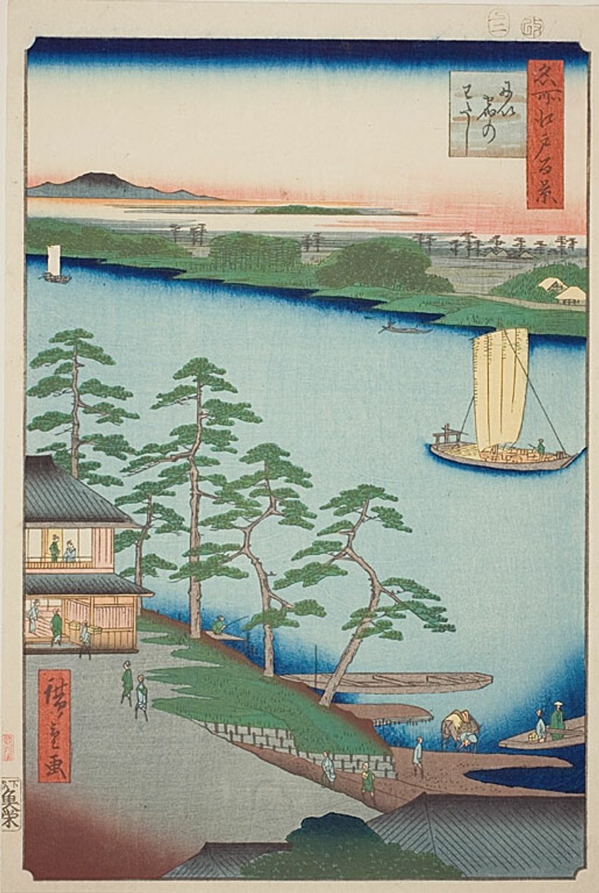 Niijuku komp (Niijuku no watashi), No.93 a "Száz híres nézet Edóról (Meisho Edo hyakkei)" sorozatból. alkotó: Utagawa Hiroshige