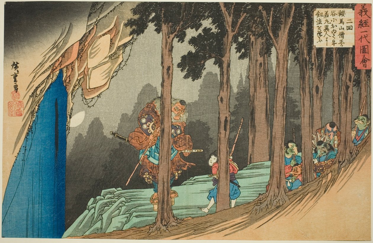 2. szám: Ushiwakamaru kardozást tanul a Tengutól a Sojogataniban a Kurama-hegyen (Nikai, Kuramayama Sojogatani ni oite Ushiwakamaru ijin yori kenpo o manabu), a "Yoshitsune élete (Yoshitsune ichidai zue)" sorozatból. alkotó: Utagawa Hiroshige